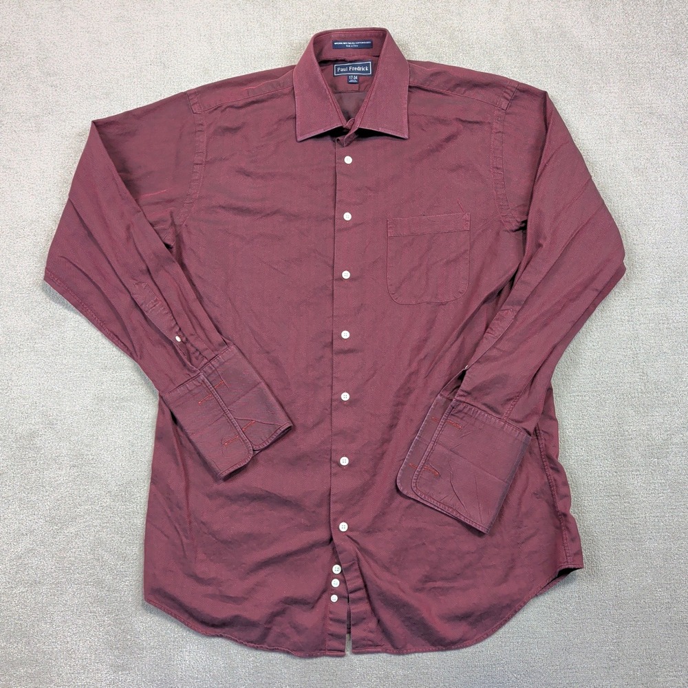 Paul Fredrick Dress Shirt Mens 17-34 Burgundy Herringbone Dobby Trim Fit French